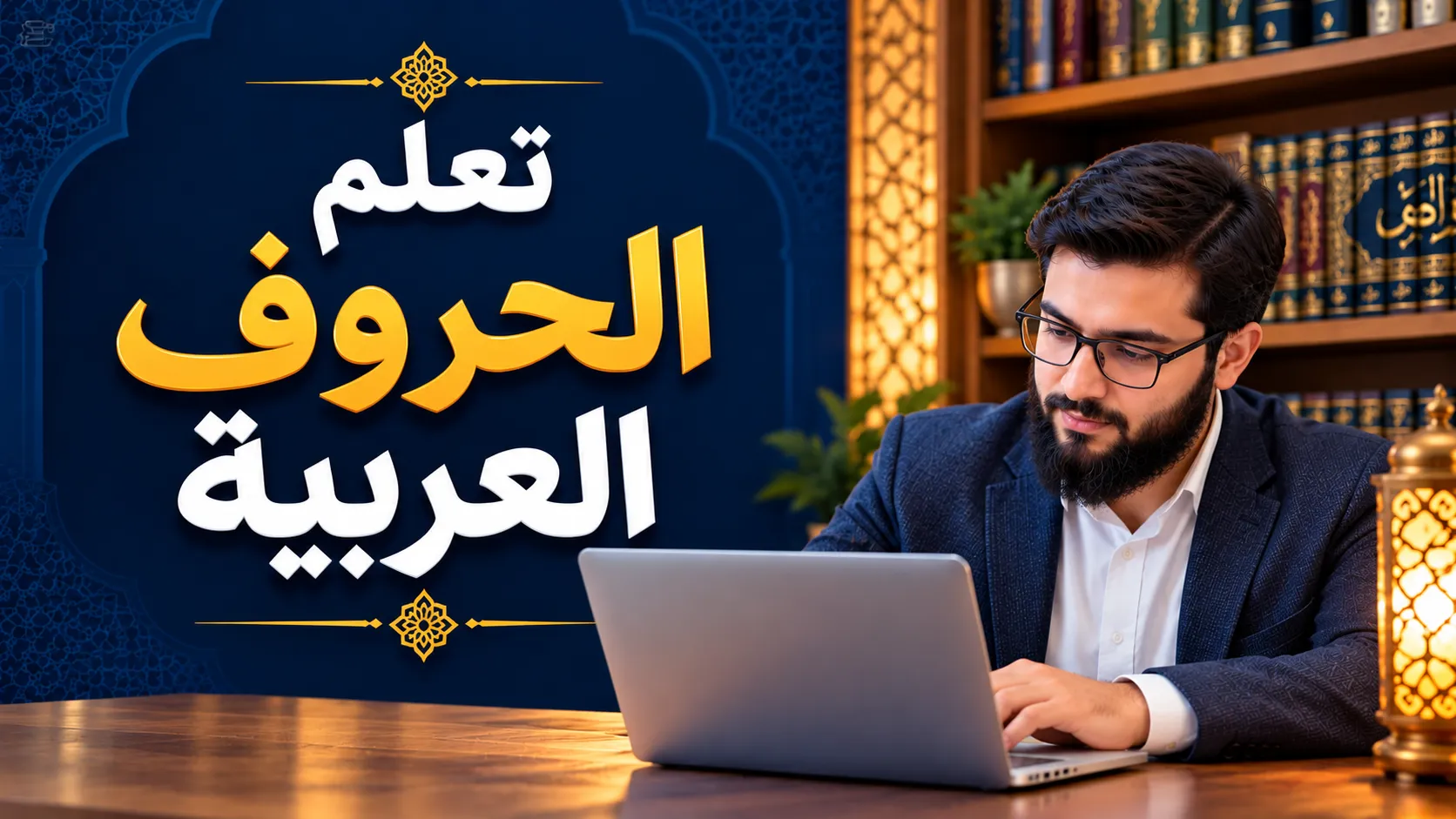 A man studying on a laptop in a library, with Arabic text meaning “Learn Arabic letters”