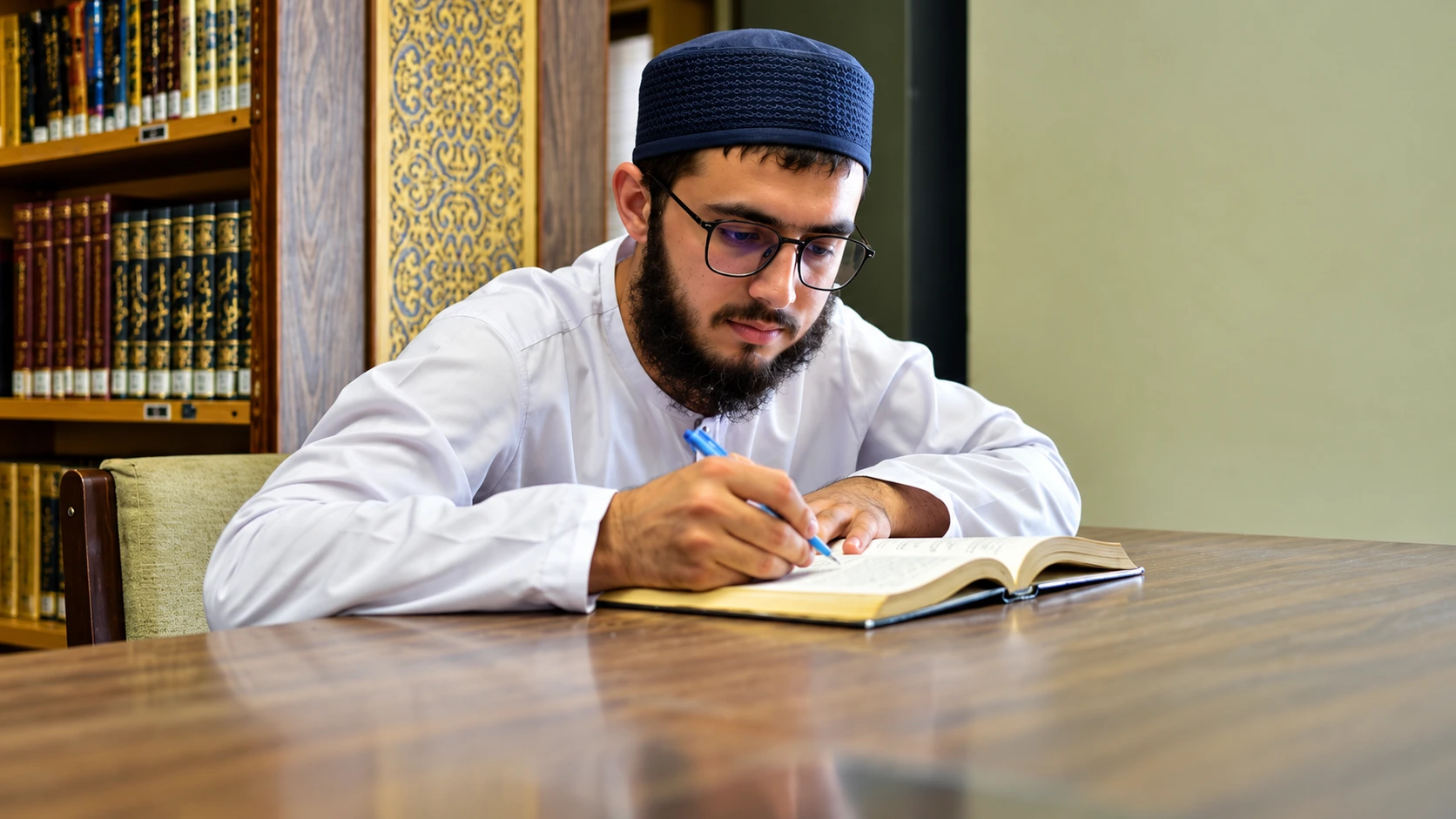 A man wearing glasses and a prayer cap writing in an open book beside library bookshelves