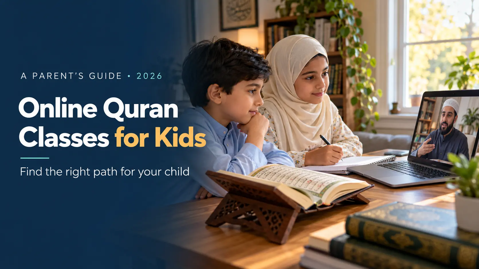 Online Quran classes for kids: a boy and girl learning from a teacher on a laptop