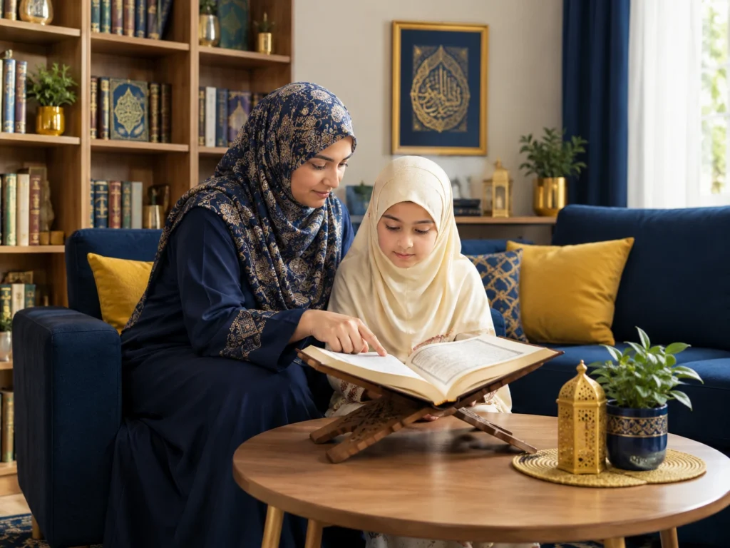A woman guiding a young girl as they read an open Quran on a wooden stand
