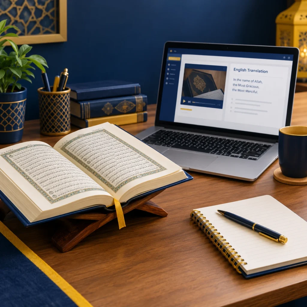 Quran Translation 1 An open Quran on a wooden stand beside a laptop displaying an English translation lesson