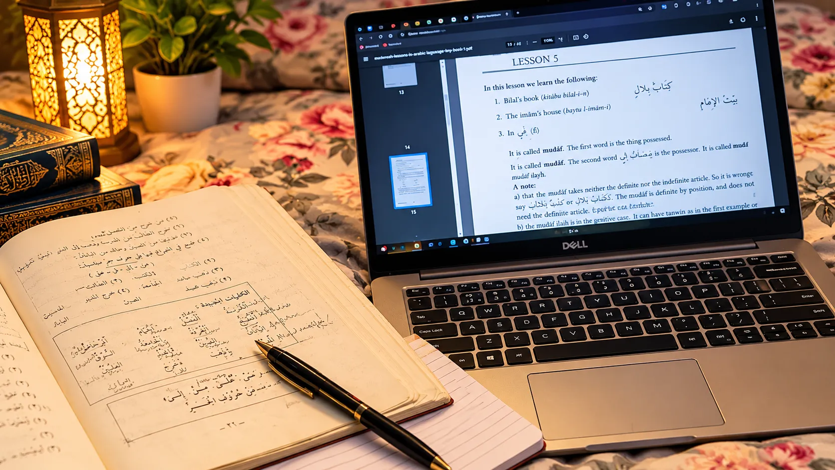 A laptop displaying an Arabic lesson beside an open notebook with Arabic writing and a pen