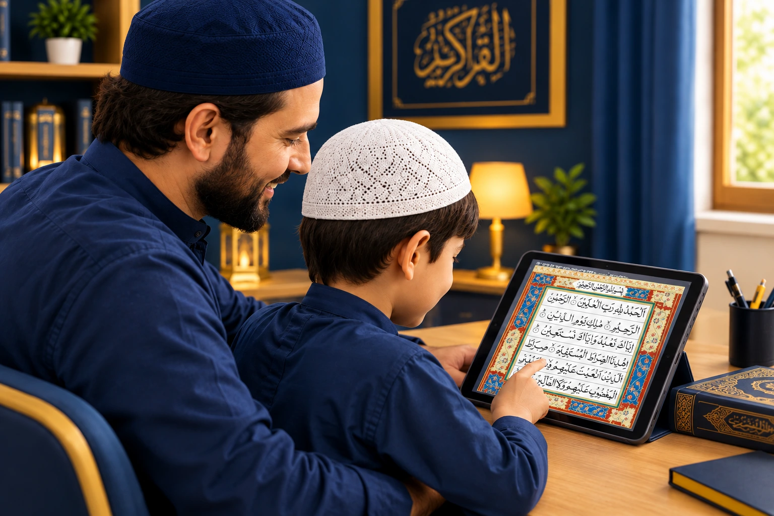 A child reading the Quran on a tablet with an adult guiding him
