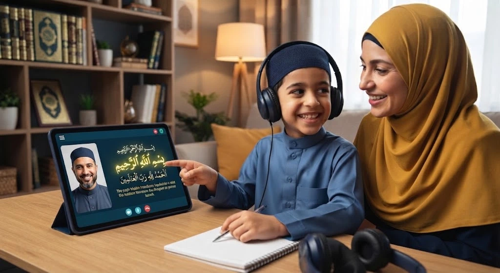 Young student smiling during interactive online Quran classes for kids in the UK at Farhat Academy.