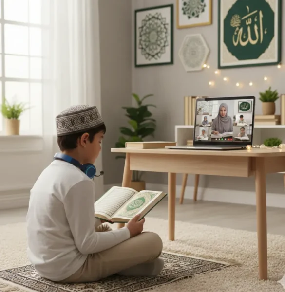 Boy reading the Quran while following an online lesson with Farhat Academy