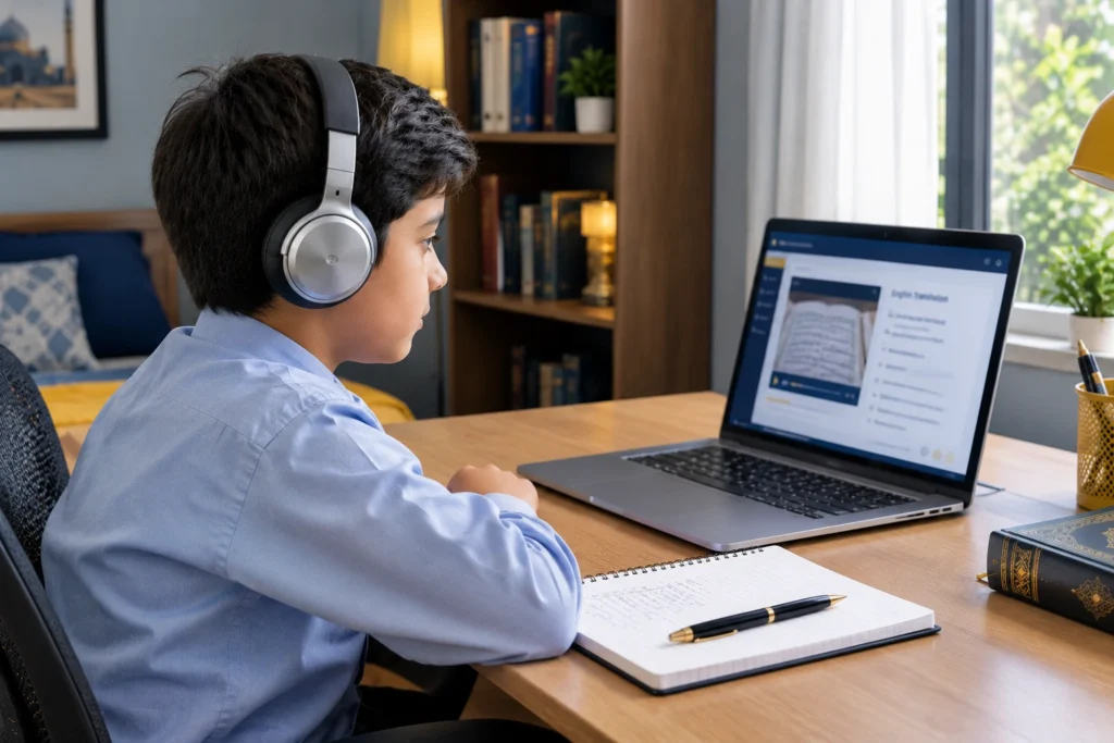 Quran Translation 2 A boy wearing headphones studying a Quran translation lesson on a laptop with a notebook beside him